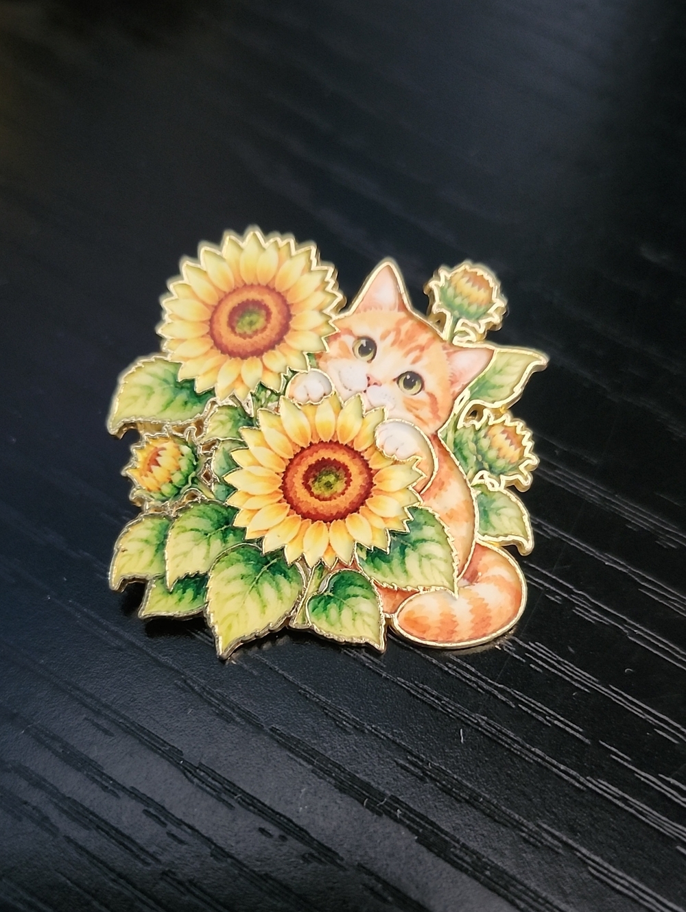 Sunflower Cat Enamel Pin - Yellow & Green